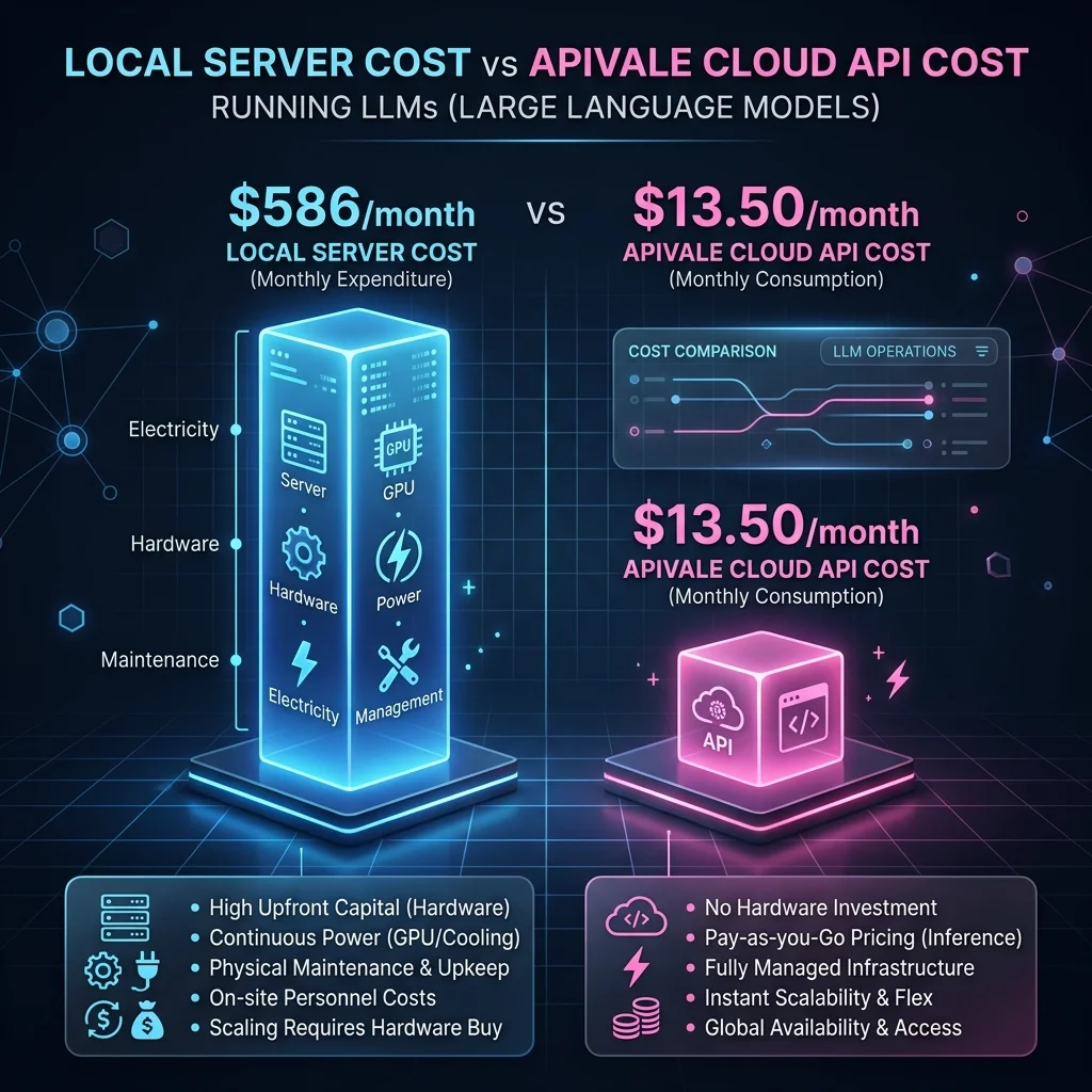 Cost comparison infographic showing local workstation hosting at $586/month vs. APIVALE Cloud API at $13.50/month