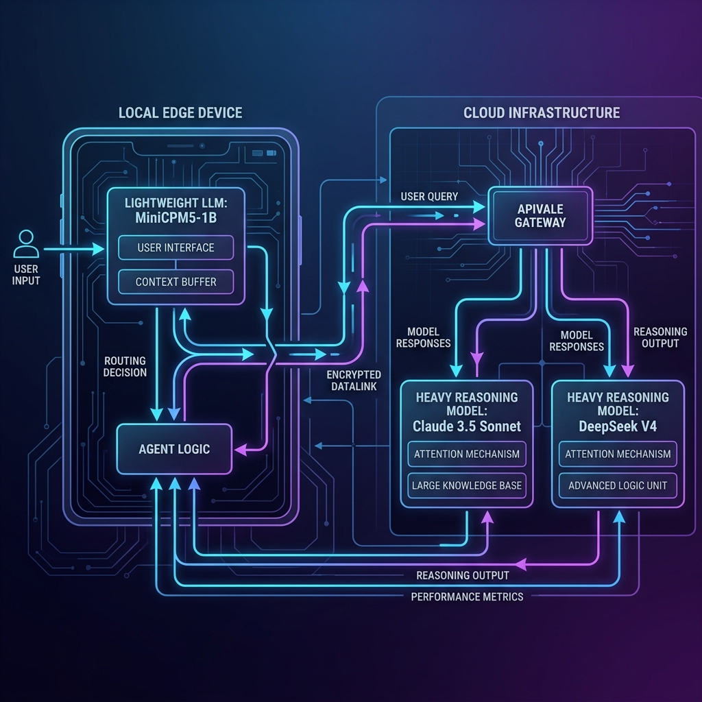 Hybrid LLM Agent Architecture routing from local edge MiniCPM5-1B to APIVALE cloud fallback models